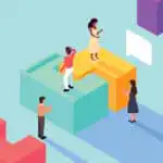 รับออกแบบเว็บไซต์ ผู้คนยืนบนรูปทรงเรขาคณิตสีสันสดใส