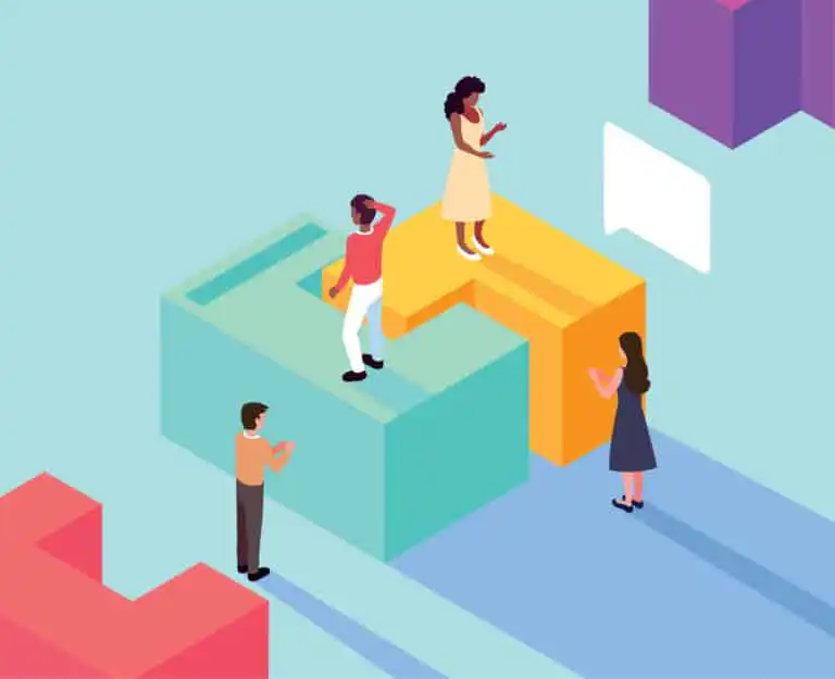 รับออกแบบเว็บไซต์ ผู้คนยืนบนรูปทรงเรขาคณิตสีสันสดใส