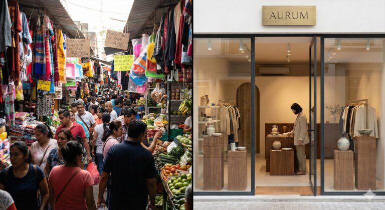 รับออกแบบเว็บไซต์ เปรียบเทียบ: ตลาดสดที่พลุกพล่าน vs ร้านบูติก Aurum ที่ทันสมัย