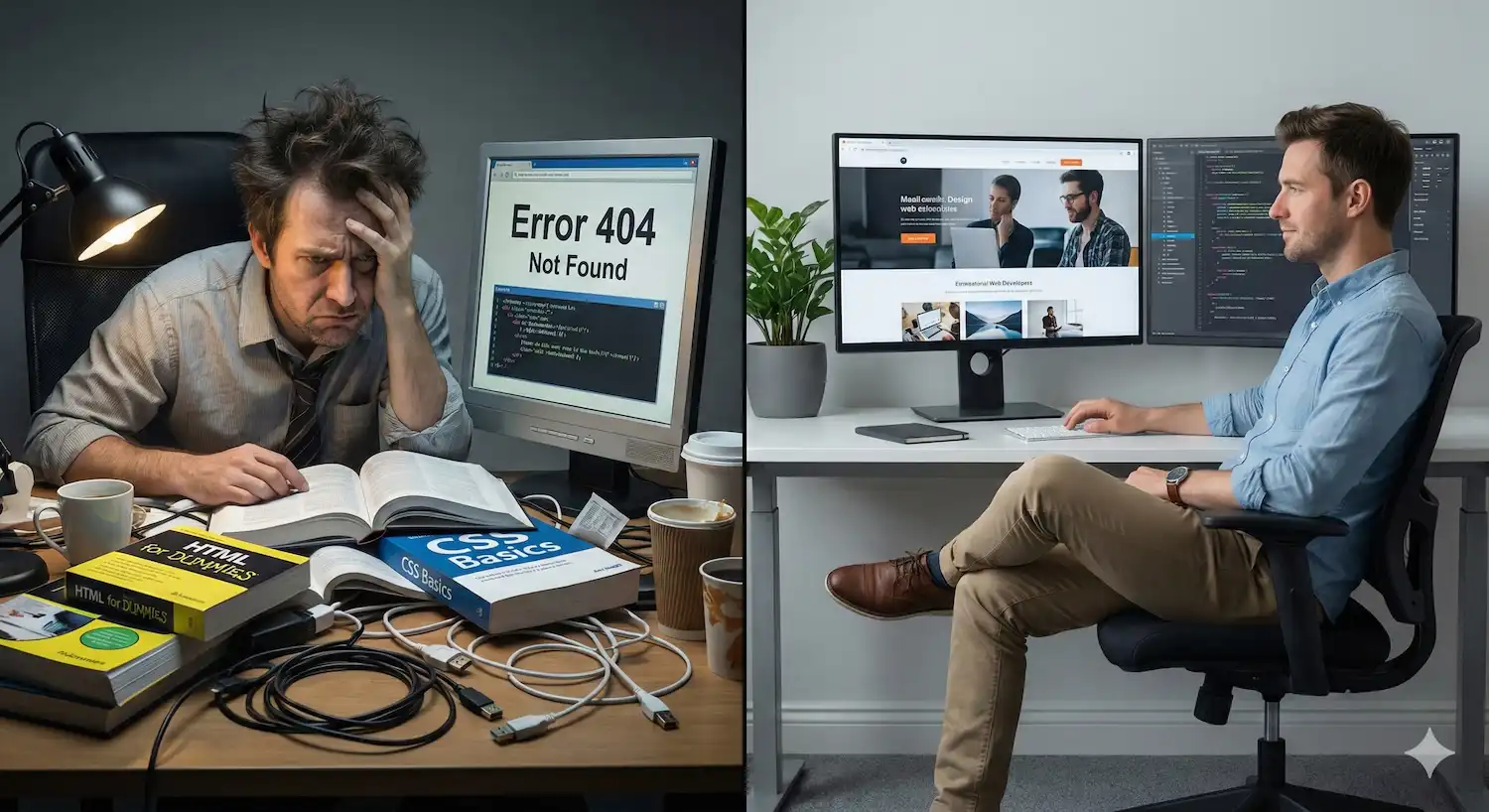 รับออกแบบเว็บไซต์ ทำเว็บเอง vs จ้างมืออาชีพ: ภาพเปรียบเทียบนักพัฒนาเว็บที่เจอปัญหา (Error 404) กับนักพัฒนาเว็บมืออาชีพ