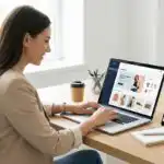 รับออกแบบเว็บไซต์ ผู้หญิงใช้ Shopify บนแล็ปท็อป พร้อมกราฟแสดงยอดขายที่เพิ่มขึ้นบนมือถือ