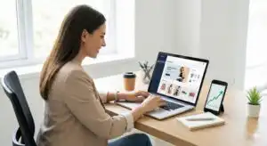 รับออกแบบเว็บไซต์ ผู้หญิงใช้ Shopify บนแล็ปท็อป พร้อมกราฟแสดงยอดขายที่เพิ่มขึ้นบนมือถือ