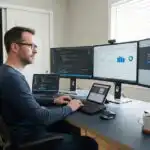 รับออกแบบเว็บไซต์ นักพัฒนาเว็บไซต์ทำงานกับจอภาพหลายจอพร้อมโค้ด กราฟ และเว็บไซต์