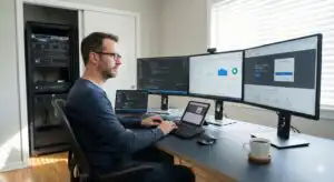 รับออกแบบเว็บไซต์ นักพัฒนาเว็บไซต์ทำงานกับจอภาพหลายจอพร้อมโค้ด กราฟ และเว็บไซต์