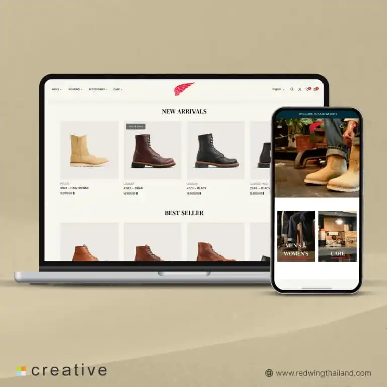 เว็บไซต์ Red Wing Thailand บนแล็ปท็อปและมือถือ แสดงรองเท้าบูทแบบต่างๆ