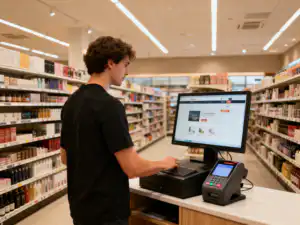 รับออกแบบเว็บไซต์ ชายหนุ่มใช้คอมพิวเตอร์ในร้านค้า, อาจเกี่ยวข้องกับการสร้างร้านค้าออนไลน์ด้วย Nuxt.js และ MedusaJS