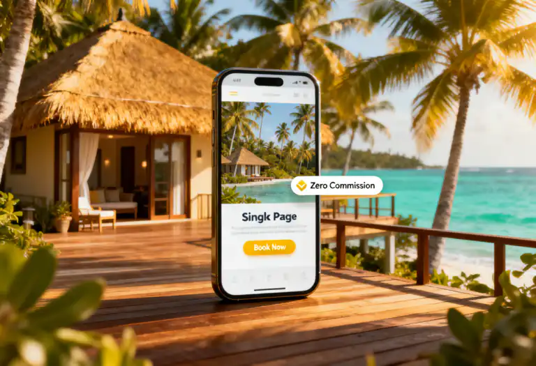 รับออกแบบเว็บไซต์ มือถือแสดงเว็บไซต์รีสอร์ทริมทะเล พร้อมปุ่ม "Book Now" และป้าย "Zero Commission" เหมาะสำหรับรับทำเว็บไซต์รีสอร์ท