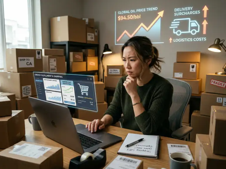 รับออกแบบเว็บไซต์ ผู้หญิงกังวลกับค่าขนส่งที่สูงขึ้นสำหรับธุรกิจอีคอมเมิร์ซของเธอ กราฟแสดงราคาน้ำมันและค่าธรรมเนียมการจัดส่งที่เพิ่มขึ้น