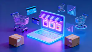 รับออกแบบเว็บไซต์ ร้านค้าออนไลน์บนแล็ปท็อปพร้อมรถเข็น, บัตรเครดิต, กล่องพัสดุ และกราฟ แสดงถึงแพลตฟอร์มสร้างร้านค้าออนไลน์