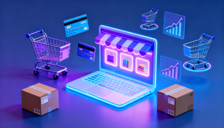 รับออกแบบเว็บไซต์ ร้านค้าออนไลน์บนแล็ปท็อปพร้อมรถเข็น, บัตรเครดิต, กล่องพัสดุ และกราฟ แสดงถึงแพลตฟอร์มสร้างร้านค้าออนไลน์