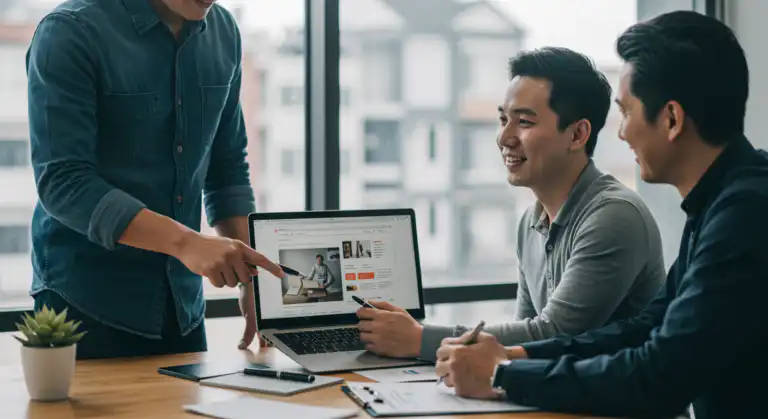 รับออกแบบเว็บไซต์ ทีมงานกำลังปรึกษาหารือเรื่องการทำเว็บไซต์ราคาถูกบนแล็ปท็อป