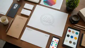 รับออกแบบเว็บไซต์ เอกลักษณ์องค์กร: วัสดุการสร้างแบรนด์ CI บนโต๊ะทำงาน