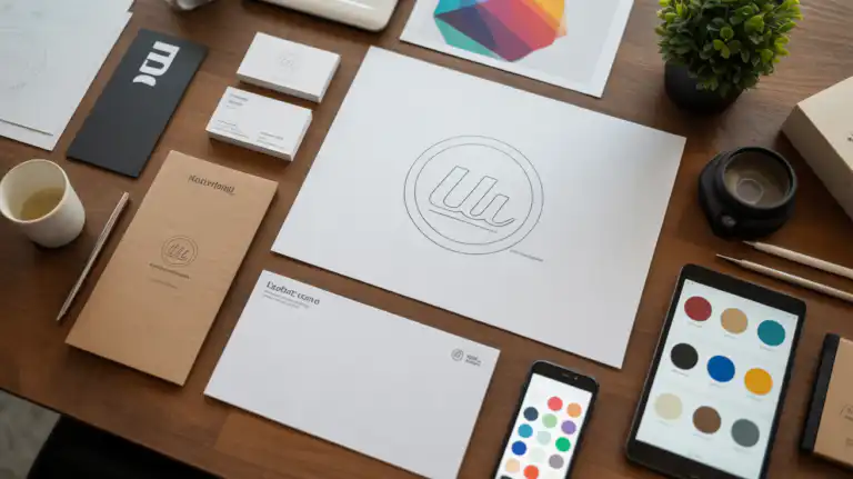 รับออกแบบเว็บไซต์ เอกลักษณ์องค์กร: วัสดุการสร้างแบรนด์ CI บนโต๊ะทำงาน