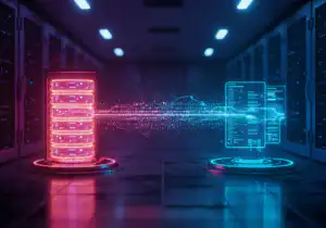 ศูนย์ข้อมูลแสดง Node.js Headless WordPress พร้อมการส่งข้อมูลด้วยแสงสีแดงและสีน้ำเงิน