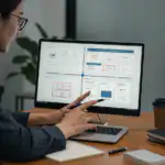 รับออกแบบเว็บไซต์ ผู้หญิงกำลังดูและชี้ไปที่การออกแบบเว็บไซต์อีคอมเมิร์ซบนหน้าจอ