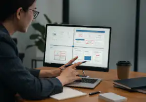 รับออกแบบเว็บไซต์ ผู้หญิงกำลังดูและชี้ไปที่การออกแบบเว็บไซต์อีคอมเมิร์ซบนหน้าจอ