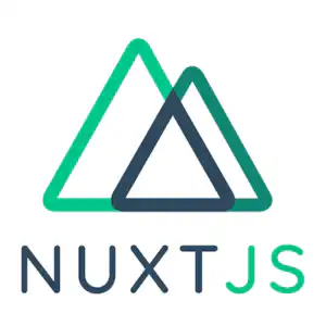 โลโก้ Nuxt.js: สามเหลี่ยมสีเขียวและสีน้ำเงินซ้อนกัน พร้อมข้อความ "NuxtJS