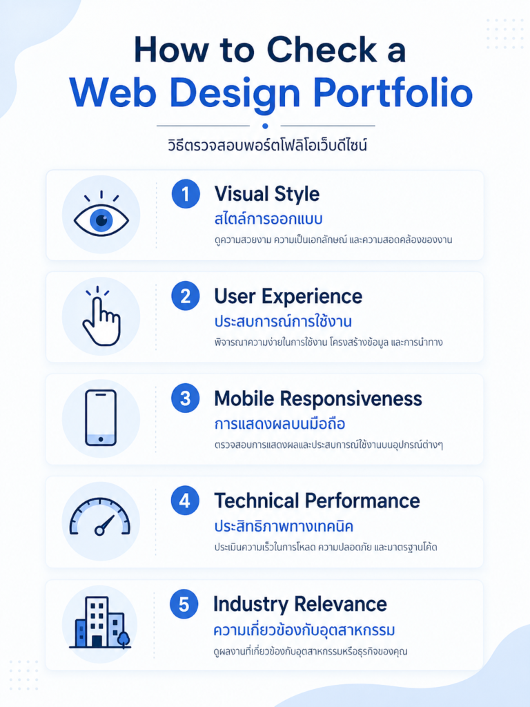 รับออกแบบเว็บไซต์ 5 วิธีตรวจสอบพอร์ตโฟลิโอเว็บไซต์: Visual Style, UX, Mobile Responsiveness, Performance, Industry Relevance