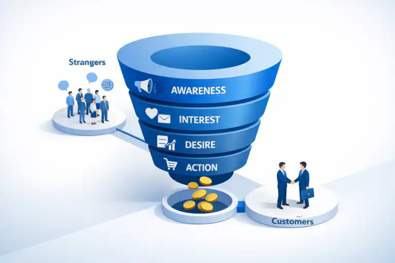 รับออกแบบเว็บไซต์ ช่องทางเดินการตลาด: เปลี่ยนคนแปลกหน้าเป็นลูกค้าประจำด้วยกลยุทธ์ แสดงขั้นตอนการรับรู้ ความสนใจ ความต้องการ และการดำเนินการ