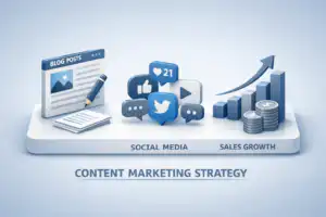 รับออกแบบเว็บไซต์ ภาพแสดงกลยุทธ์การตลาดเนื้อหา: บล็อกโพสต์, โซเชียลมีเดีย, การเติบโตของยอดขาย