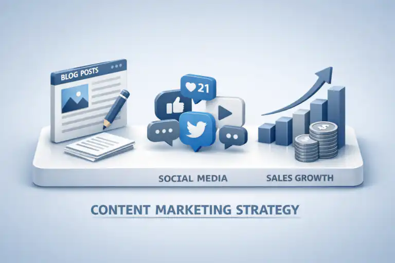 รับออกแบบเว็บไซต์ ภาพแสดงกลยุทธ์การตลาดเนื้อหา: บล็อกโพสต์, โซเชียลมีเดีย, การเติบโตของยอดขาย