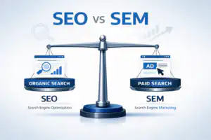 รับออกแบบเว็บไซต์ ภาพแสดงความแตกต่างระหว่าง SEO (Organic Search) และ SEM (Paid Search) บนตาชั่ง