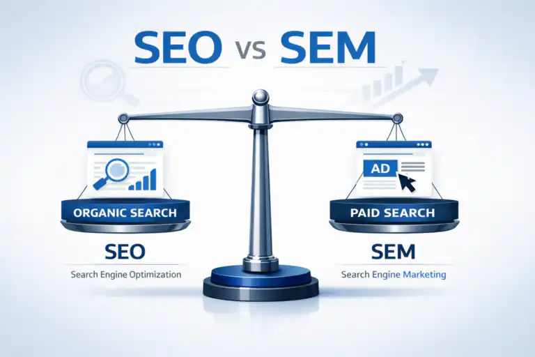 รับออกแบบเว็บไซต์ ภาพแสดงความแตกต่างระหว่าง SEO (Organic Search) และ SEM (Paid Search) บนตาชั่ง