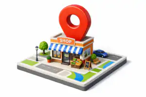 รับออกแบบเว็บไซต์ ร้านค้าเล็กๆ มีป้ายระบุตำแหน่งสีแดงขนาดใหญ่ด้านบน แสดงถึงธุรกิจท้องถิ่นที่ค้นหาได้ใน Google My Business