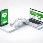 รับออกแบบเว็บไซต์ LINE บนมือถือเชื่อมต่อกับเว็บไซต์บนแล็ปท็อปด้วยสะพาน แสดงถึงการผสานพลังสร้างยอดขายยุคดิจิทัล