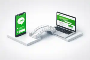 รับออกแบบเว็บไซต์ LINE บนมือถือเชื่อมต่อกับเว็บไซต์บนแล็ปท็อปด้วยสะพาน แสดงถึงการผสานพลังสร้างยอดขายยุคดิจิทัล