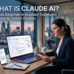 ผู้หญิงใช้ Claude AI บนแล็ปท็อปและโทรศัพท์มือถือในสำนักงานสมัยใหม่