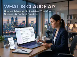 ผู้หญิงใช้ Claude AI บนแล็ปท็อปและโทรศัพท์มือถือในสำนักงานสมัยใหม่