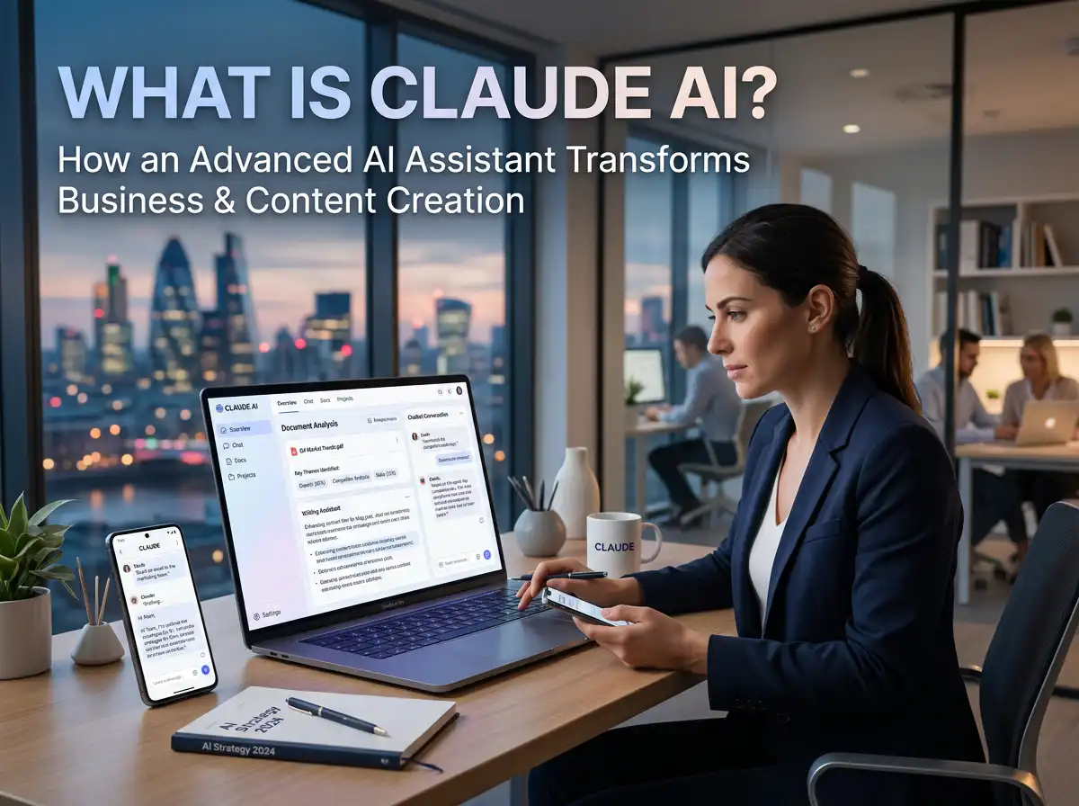 ผู้หญิงใช้ Claude AI บนแล็ปท็อปและโทรศัพท์มือถือในสำนักงานสมัยใหม่