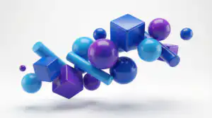 รับออกแบบเว็บไซต์ องค์ประกอบ 3 มิติ: ลูกบาศก์, ทรงกลม, ทรงกระบอก สีม่วงและฟ้า เพิ่มมิติให้เว็บไซต์