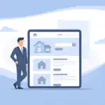 รับออกแบบเว็บไซต์ นายหน้าอสังหาฯ ยืนข้างแท็บเล็ตแสดงรายชื่อบ้านสำหรับขาย