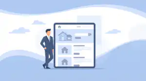 รับออกแบบเว็บไซต์ นายหน้าอสังหาฯ ยืนข้างแท็บเล็ตแสดงรายชื่อบ้านสำหรับขาย