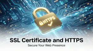 รับออกแบบเว็บไซต์ ใบรับรอง SSL และ HTTPS: กุญแจล็อคสีทองพร้อมข้อความ HTTPS บนพื้นหลังวงจรดิจิทัล ปลอดภัยสำหรับเว็บไซต์