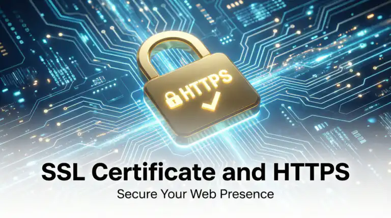 รับออกแบบเว็บไซต์ ใบรับรอง SSL และ HTTPS: กุญแจล็อคสีทองพร้อมข้อความ HTTPS บนพื้นหลังวงจรดิจิทัล ปลอดภัยสำหรับเว็บไซต์