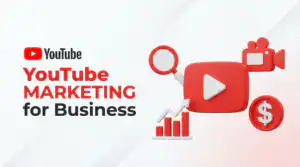 รับออกแบบเว็บไซต์ YouTube Marketing สำหรับธุรกิจ: ภาพกราฟิกแสดงโลโก้ YouTube, กล้อง, กราฟขึ้น, แว่นขยาย, และเหรียญ