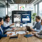 ทีมงานประชุมเรื่องการปรับปรุงเว็บไซต์ แสดงกราฟ SEO, ความเร็ว, และ UI/UX