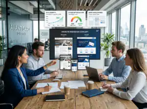 ทีมงานประชุมเรื่องการปรับปรุงเว็บไซต์ แสดงกราฟ SEO, ความเร็ว, และ UI/UX