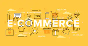 ภาพประกอบ E-commerce แสดงไอคอนการซื้อขายออนไลน์ เช่น ตะกร้า, มือถือ, และของขวัญ