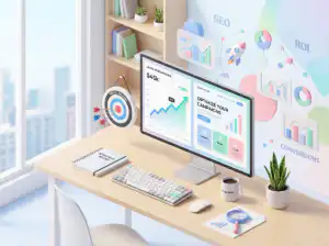 แดชบอร์ดการตลาดดิจิทัลที่มีเป้าหมาย, กราฟ, และข้อความ "ปรับปรุงแคมเปญของคุณ