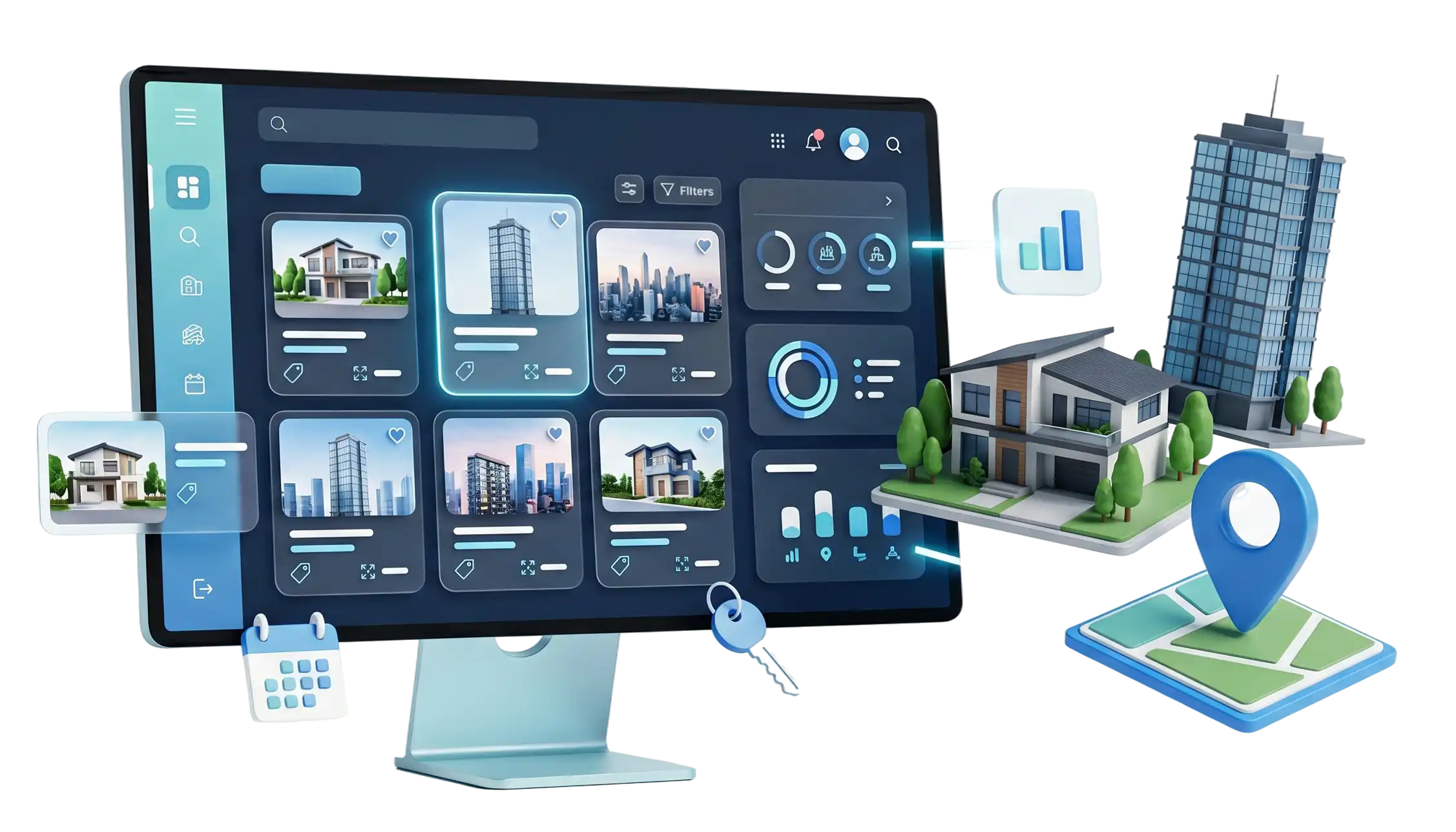 รับออกแบบเว็บไซต์ แอปอสังหาริมทรัพย์บนแท็บเล็ตพร้อมบ้าน อาคาร และแผนที่