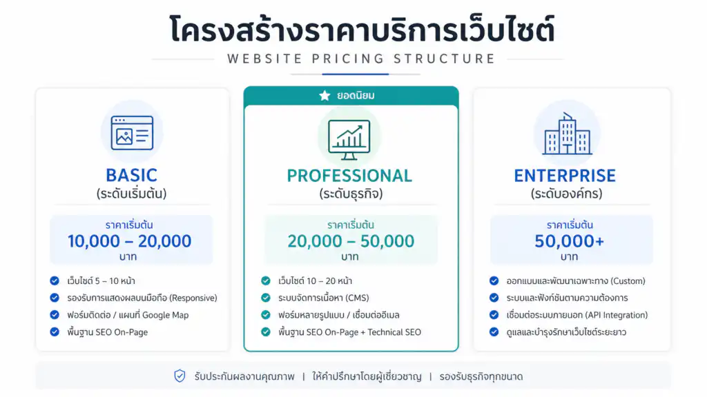 รับออกแบบเว็บไซต์ โครงสร้างราคาทำเว็บไซต์: Basic, Professional, Enterprise พร้อมรายละเอียดและราคา