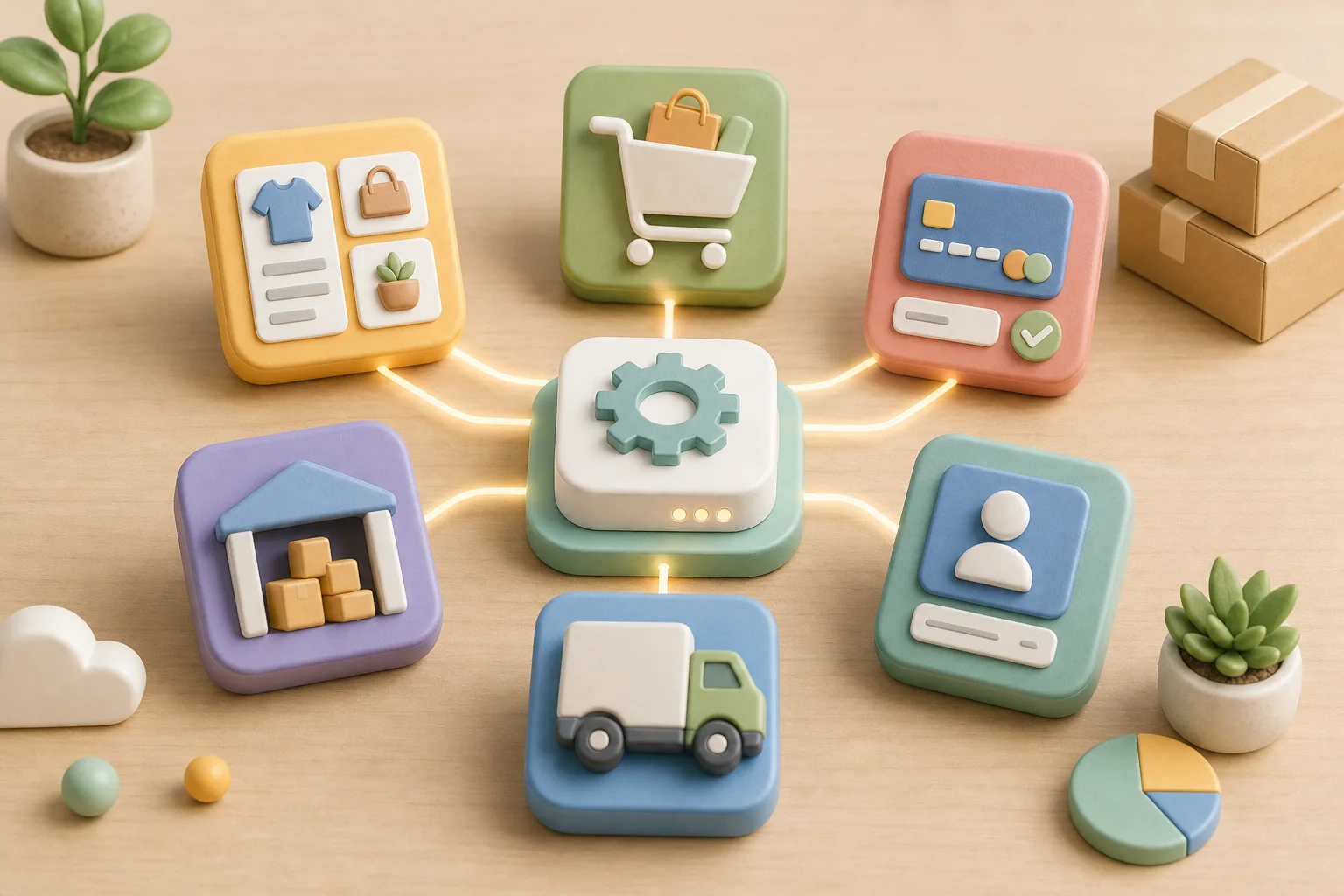 ภาพการ์ตูน 3D แสดง API เชื่อมตะกร้าสินค้า ชำระเงิน คลัง ขนส่ง ข้อมูลลูกค้า และรายงานยอดขาย
