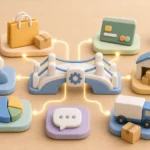 ภาพการ์ตูน 3D แสดง API เชื่อมระบบ E-Commerce ระหว่างสินค้า ตะกร้า ชำระเงิน คลัง และขนส่ง