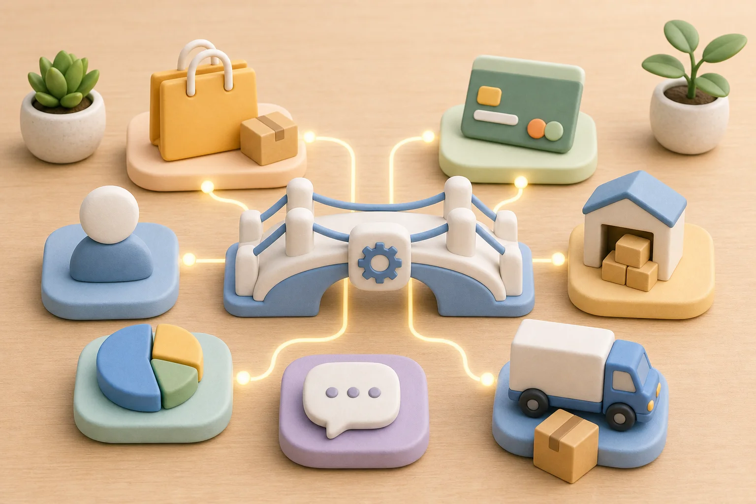 ภาพการ์ตูน 3D แสดง API เชื่อมระบบ E-Commerce ระหว่างสินค้า ตะกร้า ชำระเงิน คลัง และขนส่ง