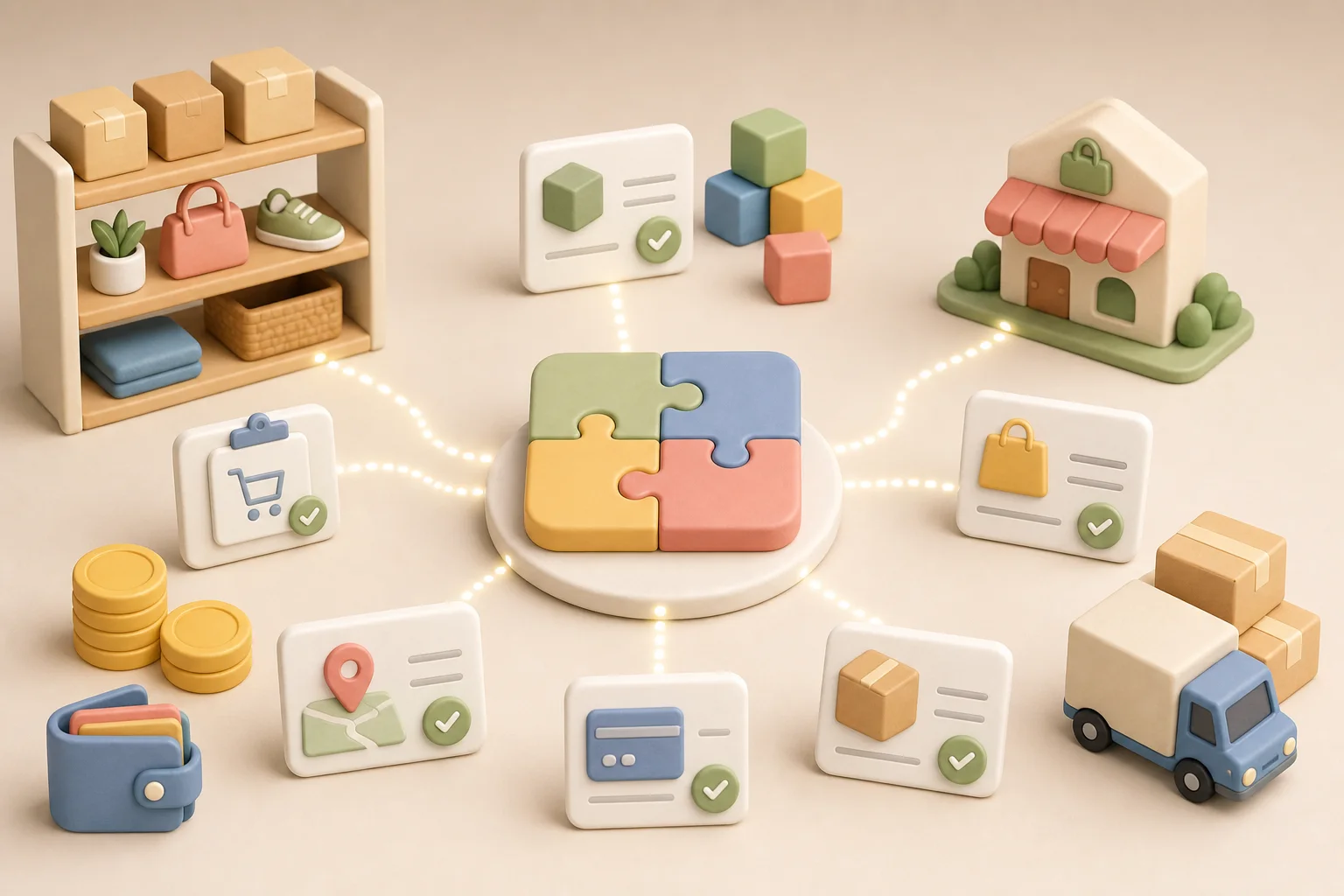 ภาพการ์ตูน 3D แสดง API เชื่อมสต็อกสินค้า ออเดอร์ คลังสินค้า ร้านค้า และขนส่ง