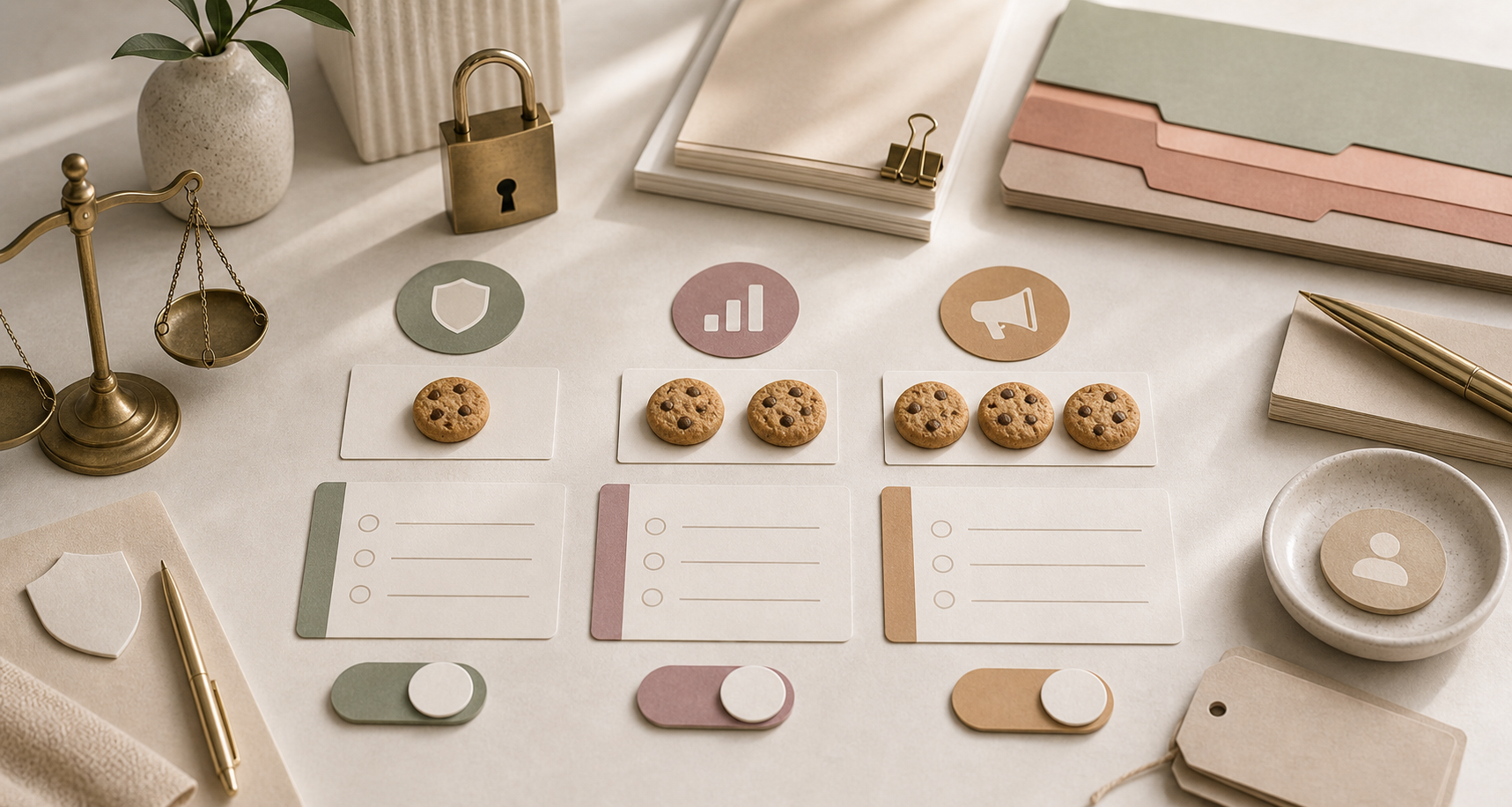 ภาพประกอบ Cookie Consent และประเภทคุกกี้บนเว็บไซต์ด้วยการ์ดตัวเลือก กุญแจความเป็นส่วนตัว และโทเคนคุกกี้